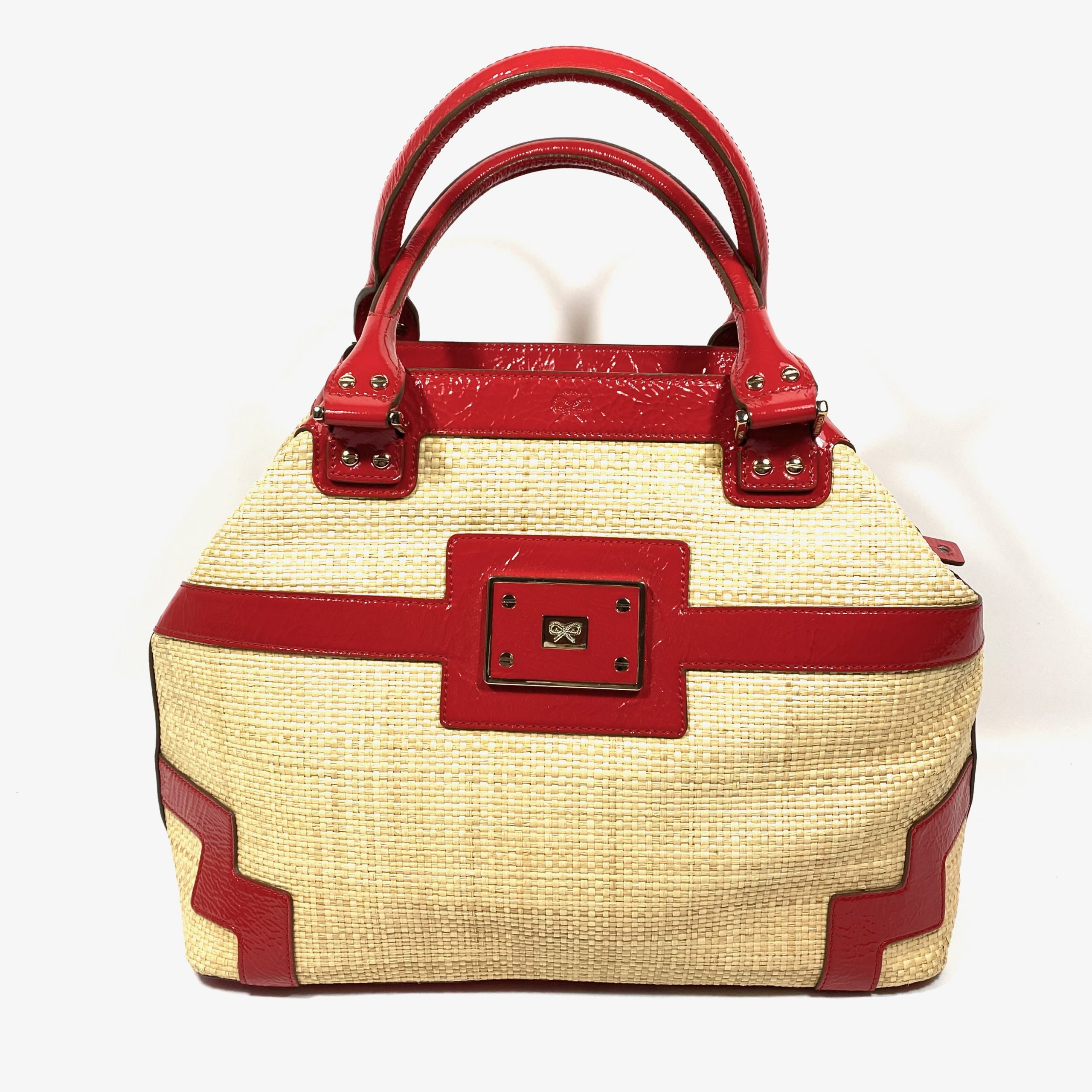 ANYA HINDMARCH BEIGE / RED RAFFIA AND PATENT LEATHER TOTE BAG