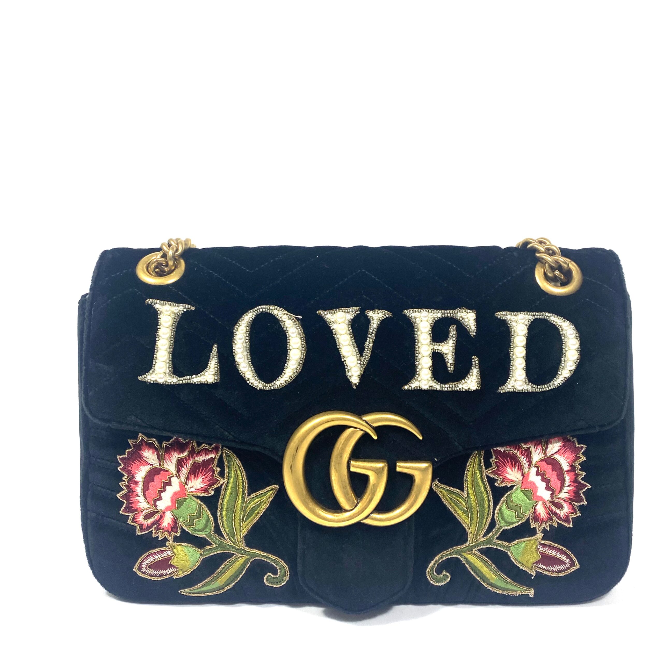 GUCCI GG MARMONT BLACK VELVET 'LOVED' SHOULDER BAG - Still in fashion